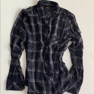Adorable Rails flannel with metallic stitching!